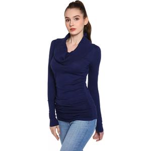 AmlieBoutik Women Casual Slim Fit Cowl Neck Long Sleeve Ruched Sides Pullover Tunic Sweater (X-Small, Navy Blue)