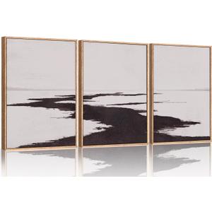 KAIRNE Abstract Neutral Lake Framed Wall Art Set, Neutral Shape Wall Painting, Abstract Black and Grey Landscape Wall Decor, Modern Watercolor Art Print for Living Room, Bedroom, Office - 24"x36"x3