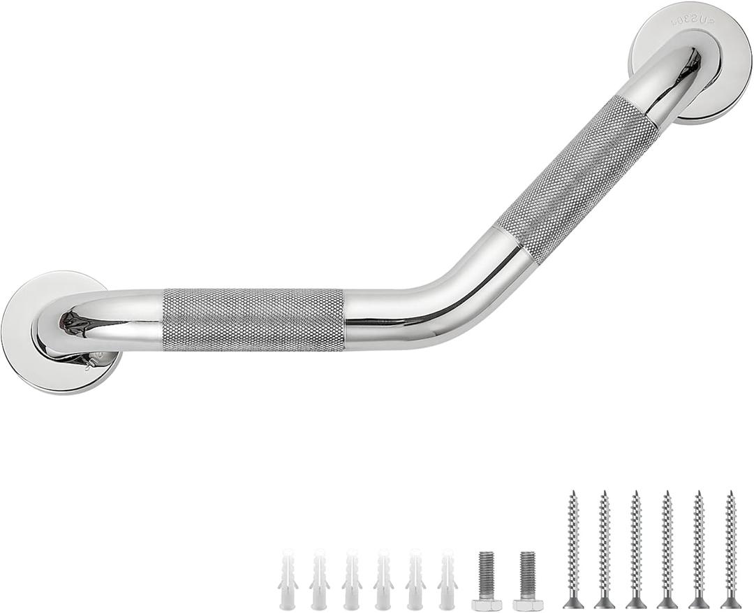 Grab Bars for Bathtubs and Showers- 1-1/4 x 16 Angled Shower Grab Bar for Seniors Knurled Stainless Steel Handicap Grab Bars for Wall (Polished Nickel, 1 Pack)
