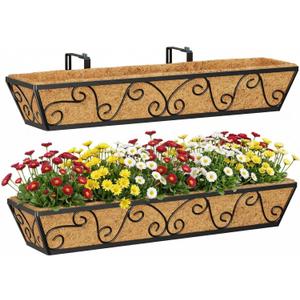 Y&M 30 Inch Window Deck with Coco Liner, Fence Metal Hanging Flower Planter Window Basket Deck Railing Planter Boxes for Outdoor Garden Lawn-Butterfly, 2pcs