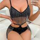 SweatyRocks Women's Fringe Cut Out Lace Bra and High Waist Panty Sets 2 Piece Sexy Lingerie (Black, L)