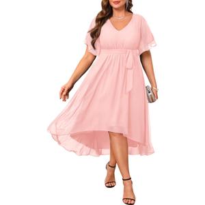 Plus Size Dresses Wedding Guest - Formal Cocktail Chiffon V Neck Short Sleeve High Low Dress Curvy Women (Pink)