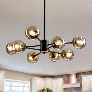8-Light Glass Globe Sputnik Chandelier Matte Black and Gold Mid Century Modern Ceiling Light Fixture Adjustable Vintage Hanging Pendant Lighting for Dining Room Kitchen Bedroom Farmhouse
