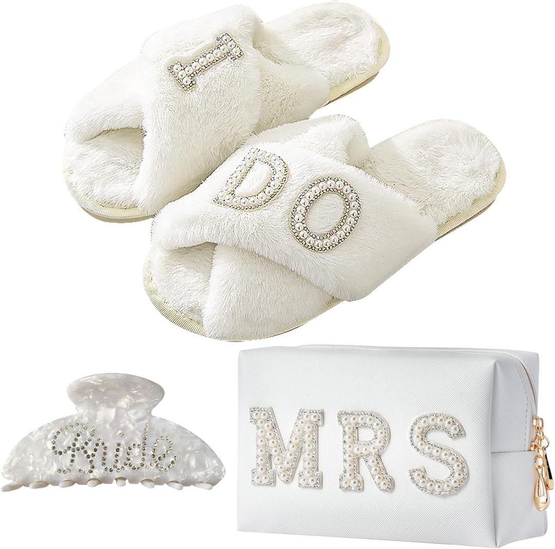 Bride To Be Gift Set Bride Makeup Bag I Do Bride Slippers Bride Robe Bride Hair Clip Bride Gifts Wedding Gifts (Slippers+Makeup Bag+Clip)