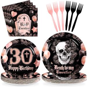 Grencian 96Pcs Death to My 20s Decorations Rose Gold and Black Death to My Twenties Plates Dirty 30 Year Old Party Decorations Tableware for 30th Birthday Party Decorations for Her Serves 24