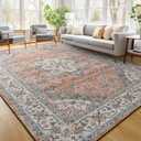 FlyDOIT Vintage Washable Area Rug, 5x8 Orange Floral Medallion Rugs for Living Room, Ultra Soft Accent Bedroom Rug, Indoor Non-Slip Low-Pile Throw Carpet for Entryway Dorm Kitchen Dining Room Decor