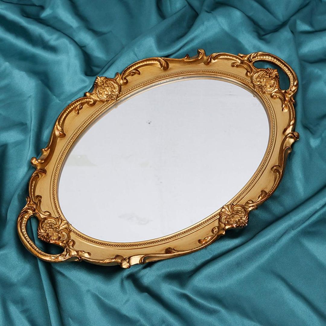 Oval Vintage Decorative Mirror Tray, Jewelry Dresser Organizer, Cosmetics Makeup Storage, Serving Tray (9.8x14.6 Inches, Golden)