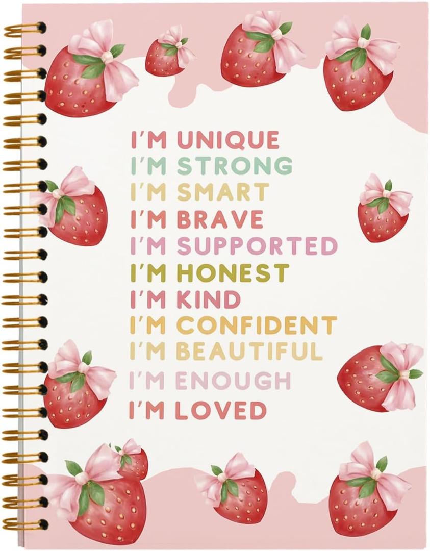 Rusenbao Coquette Pink Bow Strawberry Notebook Journal, Cute Notebook for School Teen Girls, Inspirational Strawberry Gifts for Women, Preppy School Supplies, Spiral Notebook 5.5 x 8.3