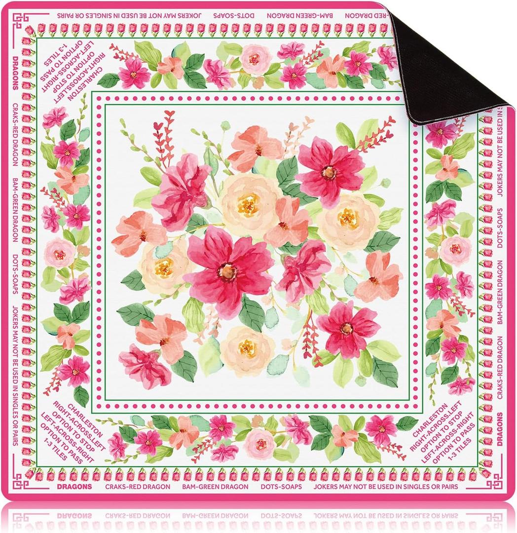 Floral Mahjong Mat with Rules 31.5" x 31.5" Non-Slip Noise Reduction Gaming Mat for Table Cover Card Board Tile Poker Dominoes
