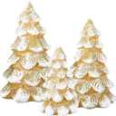 Poen Set of 3 Gold and Green Christmas Trees Figurine Glittered Ceramic Decorative Tabletop Mini Christmas Village Trees for Home Desktop Decoration, 5, 4, 3 Inch(Gold)