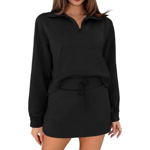Fisoew Womens Sweatsuits 2 Piece Outfits Quarter Zip Cropped Sweatshirts Casual Mini Skorts Lounge Wear Skirts Sets (Medium, Black)