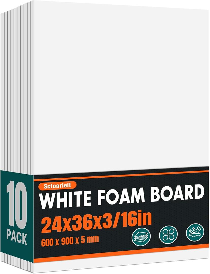 10 Pack White Foam Board for Art Craft, 24 x 36 x 3/16" Thick