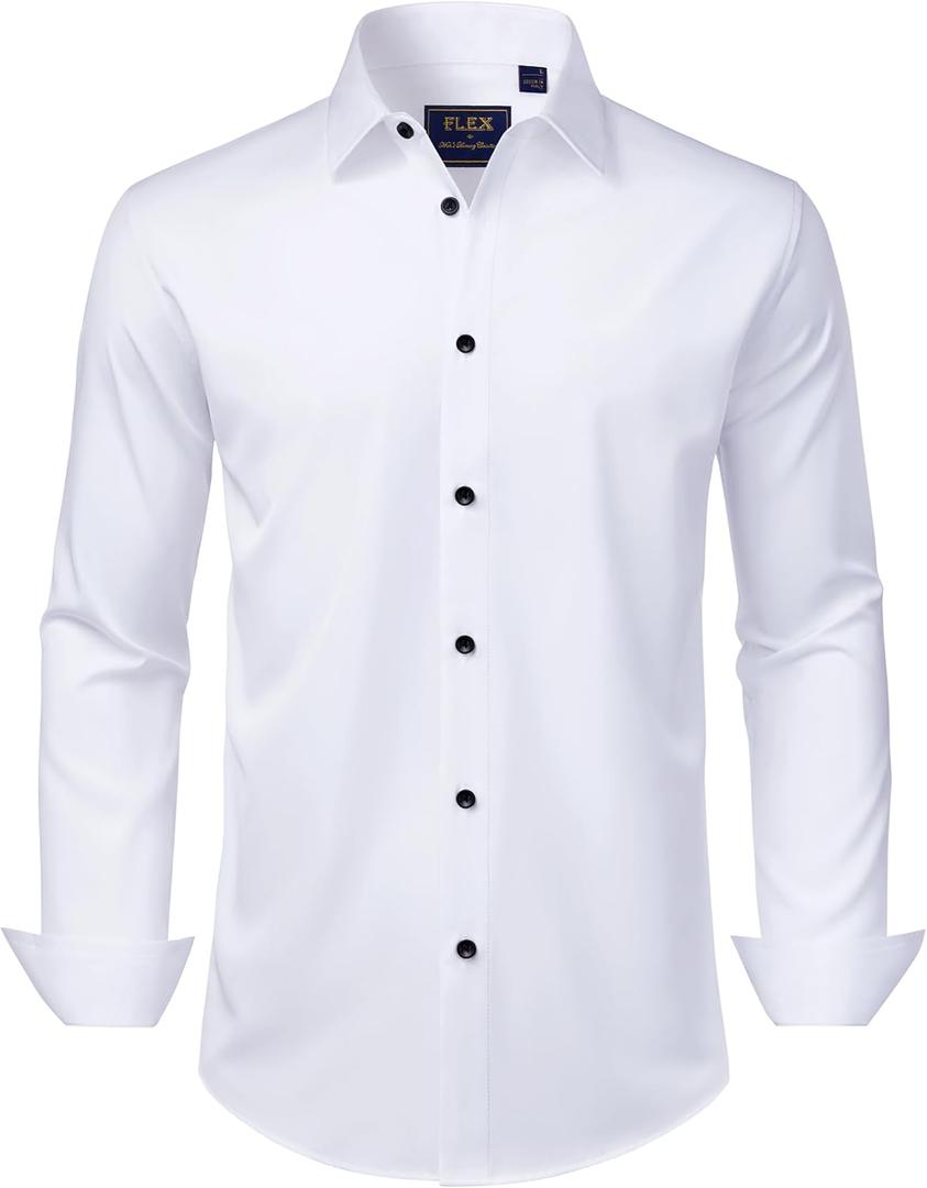 J.VER Men's Dress Shirts Stretch Long Sleeve Formal Shirt Solid Business Casual Button Down Shirts for Wedding Prom (Medium, White)