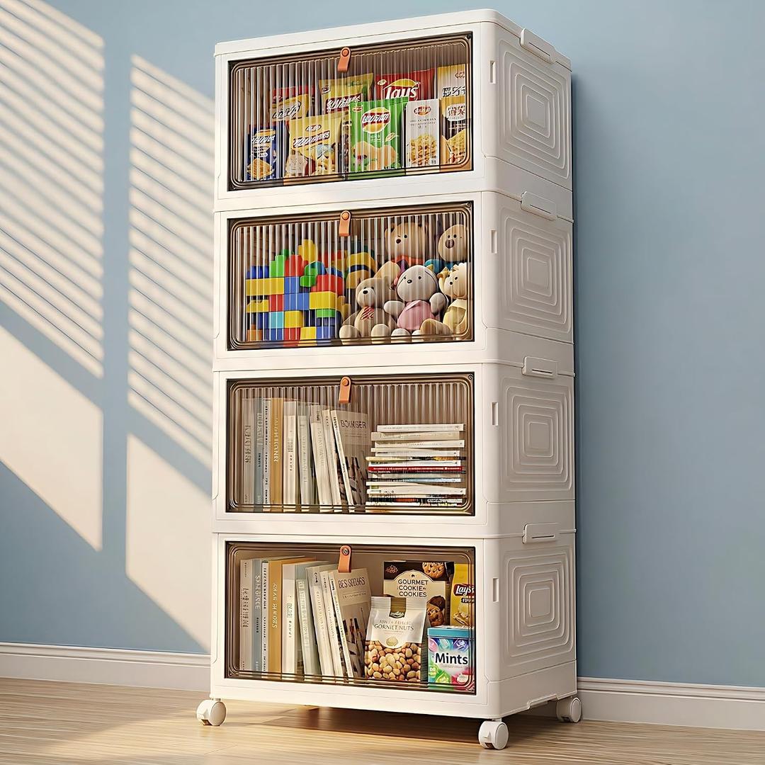 LDQ 136Qt Large Storage Bins with Lids, 4 Tier Stackable Storage Cabinet with Wheels & Clear Doors, Foldable Plastic Closet Organizer for Bedroom, Bathroom & Kitchen