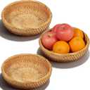 3 Pack Small Round Woven Rattan Baskets, 7.8" Brown Wicker Trays for Entryway Organizing, Keys, Wallet, Mail & Tabletop Decor