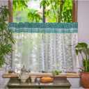 ARTMAGIC Farmhouse Kitchen Curtain 2 Panels Green Plaid with Floral Embroidery Lace Coffee Curtains Rod Pocket for Small Window Living Room Bedroom Bathroom(Green,2pcs,27"x36")