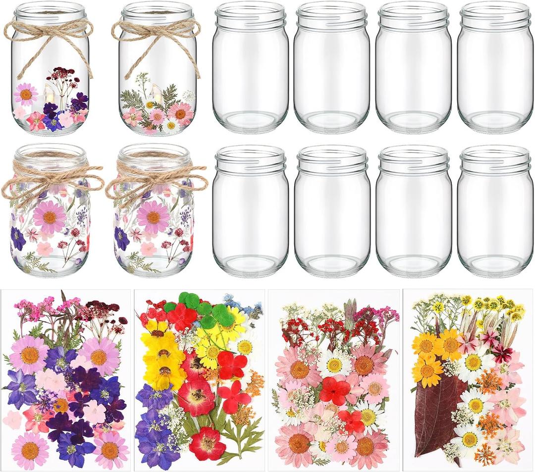 Tinideya 154 Pcs DIY Pressed Flowers Mason Jar Set Pressed Flower Lanterns 12 Mason Jar 140 Natural Real Dried Flower Centerpiece Making Favor for Christmas Wedding Candle Lantern Craft