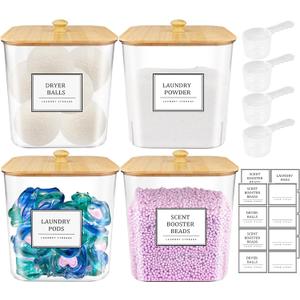 4 Pack Clear Laundry Pod Container with Bamboo Lids & Labels - Large Detergent Powder Storage for Room Organization, Scent Booster Holder