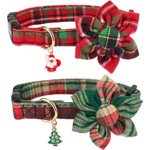 ADOGGYGO Christmas Dog Collar with Floral, Adjustable Xmas Pet Flower Collars, Red Green Plaid Dog Christmas Collars for Small Medium Large Dogs (Small)