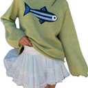 Women Fashion Rib Knit Fish Graphic Oversized Sweater Y2k Vintage Crew Neck Loose Fit Knitted Pullover Sweaters (Medium, Army Green)