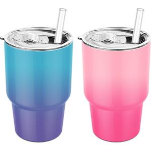 6.5 oz Mini Tumblers with Slider Lids and Straws - Upgraded 2 Pack Mini Tumbler Shot Glass with Straw Double Wall Vacuum Stainless Steel Small Insulated Stackable Cup Leak Proof (Multicolor)