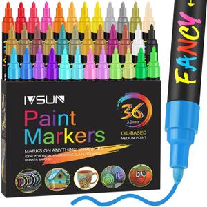 IVSUN Paint Pens Paint Markers, 36 Colors Oil-Based Waterproof Art Marker Pen Set, Never Fade Quick Dry and Permanent, Works on Rocks, Wood, Fabric, Plastic, Canvas, Glass, Mugs, DIY Craft