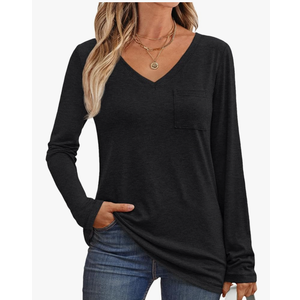 AUTOMET Womens Long Sleeve Shirts V Neck Casual Tops with Pockets Loose Dressy Basic Fall Outfits Clothes Winter Trendy 2025,S Size, Pack of 2 Black