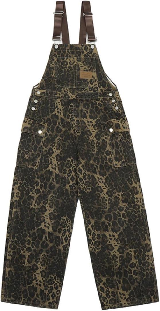 COOLMONAR Women's Y2K Leopard Print Jeans Overall Chic Streetwear Baggy Wide Leg Jumpsuit Retro Hip Hop Loose Trouser (X-Large)