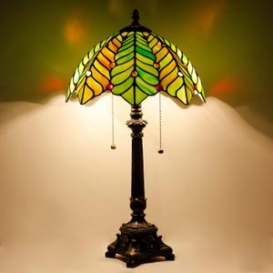 Tiffany Table Lamp Brown Green Leaf Style Stained Glass Desk Lamp 12X12X21 Inches Reading Light
