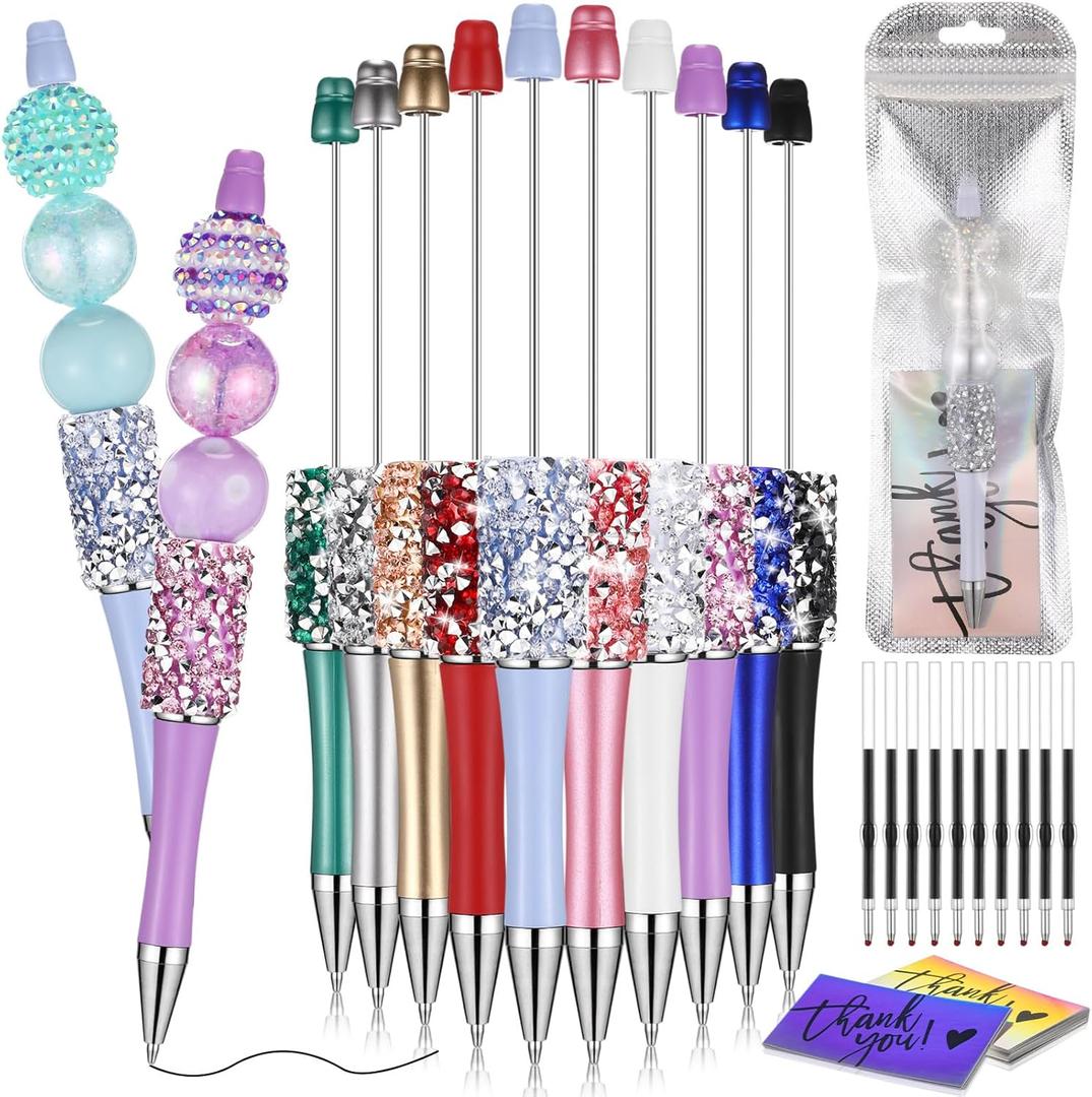 40 Pcs DIY Beaded Pens Kit, 10 Rhinestone Glitter Beadable Pens with Refills & Bags & Card (Beads Not Included) for Cute Craft Gifts Making School Supplies Office Accessories(Mini Beads)