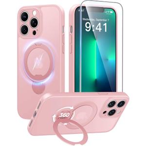 FNTCASE for iPhone 13 Pro Case with 360 Spin Magnetic Stand Pink | Compatible with Magsafe,Screen Protector,Full Camera Protection,Translucent Matte Military Grade Shockproof Phone Cover