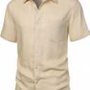 ZEROYAA Men's Linen Shirts Short Sleeve Summer Casual Button Down Beach Shirt with Pocket (Beige, L)