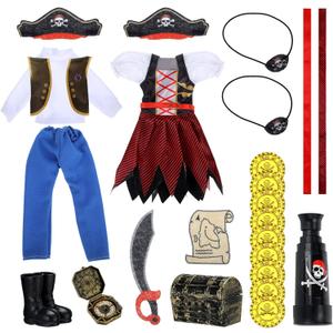 20 Pcs Christmas Elf Pirate Costume for Kids Pirate Clothes Accessories Set Holiday Elf Outfits with Gold Coin Telescope Patch Compass Headscarf Treasure Map Chest for Xmas Party Decoration