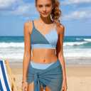 Girls Swimsuit V Neck Bikini Set Color Block with Cover Up 3Pcs Bathing Suits, Gray Blue 2, 11-12 Years
