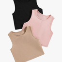 Milumia Girl's 3 Pack Ribbed Knit Cut Out Round Neck Sleeveless Cropped Tank Tops (Pink, Brown, White)