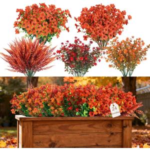 CEWOR 24 Bundles Orange Artificial Mums Flowers Fake Fall Plants for Outdoor Indoor, Fake Silk Daisy with Eucalyptus Leaves for Autumn Garden Front Door Porch Planter Patio Home Decor