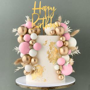 Pink Balls Cake Topper Boho Grass Cake Topper Pink White Gold Pearl Balls Happy Birthday Cake Decorations for Wedding Birthday Boho Themed Supplies (Pink)