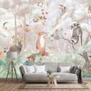 Butterfly Fox Forest Animal Peel and Stick Mural with Pink Background, 86" x 59"