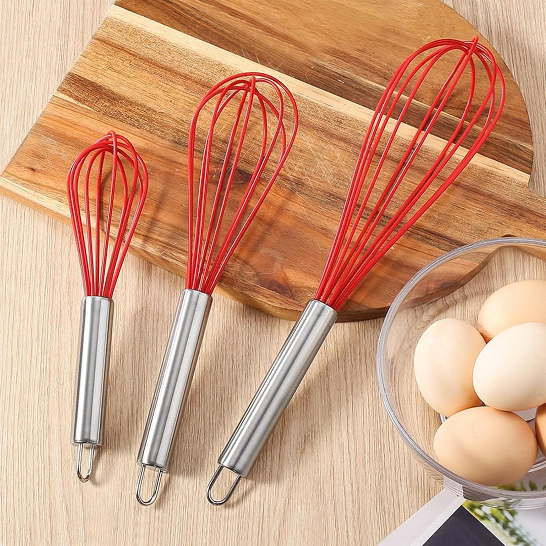 Stainless Steel & Silicone Whisk Set 8" 10" 12" Kitchen Whisk Kitchen Wisk Wire Whisks for Whisking, Cooking, Blending, Beating, Stirring-3 Pack(Red)