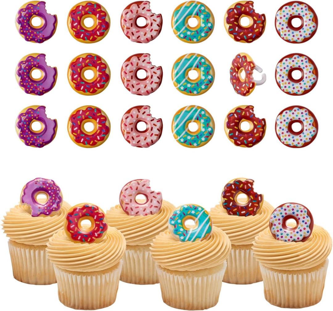 DECOPAC Donut Cupcake Rings, Cake Toppers, Multicolored Food Safe Decorations For Parties 24 Pack