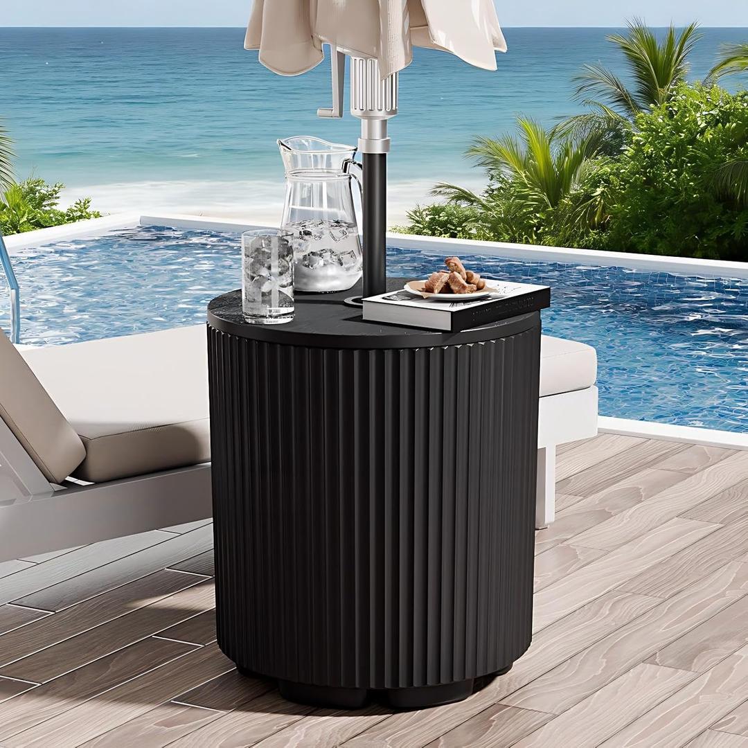 Outdoor Umbrella Stand with Hole, Umbrella Side Table, Black | 1.5 Inch Umbrella Hole, In Pool, Weighted Water Filled Bladder, Fluted Vertical Ribbed Design, All Weather Side Table Base