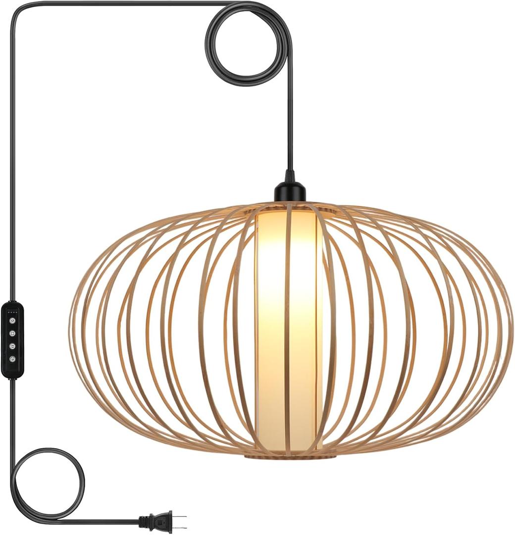 LALISU Plug-in Pendant Light Rattan Hanging Lamp, Boho Hanging Lights with Woven Lampshade, 3-Way Dimmable & Timmer Setting Ceiling Light Fixture for Living Room, Bedroom, Farmhouse (Bamboo Round)