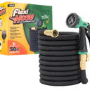 Flexi Hose with 8 Function Nozzle, 50FT  Lightweight Expandable Garden Hose, NoKink Flexibility, 3/4 Inch Solid Brass Fittings and Double Latex Core  Green