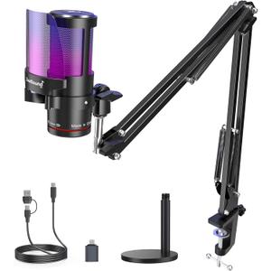 ZealSound Gaming Microphone for PC/Mac/iPhone/Phone  192kHz/24-bit Podcast Mic with Noise Reduction, Tap-to-Mute, Gain, Monitoring, Boom Arm, Pop Filter, RGB Lighting for Streaming, Gaming, Recording (Gradient)