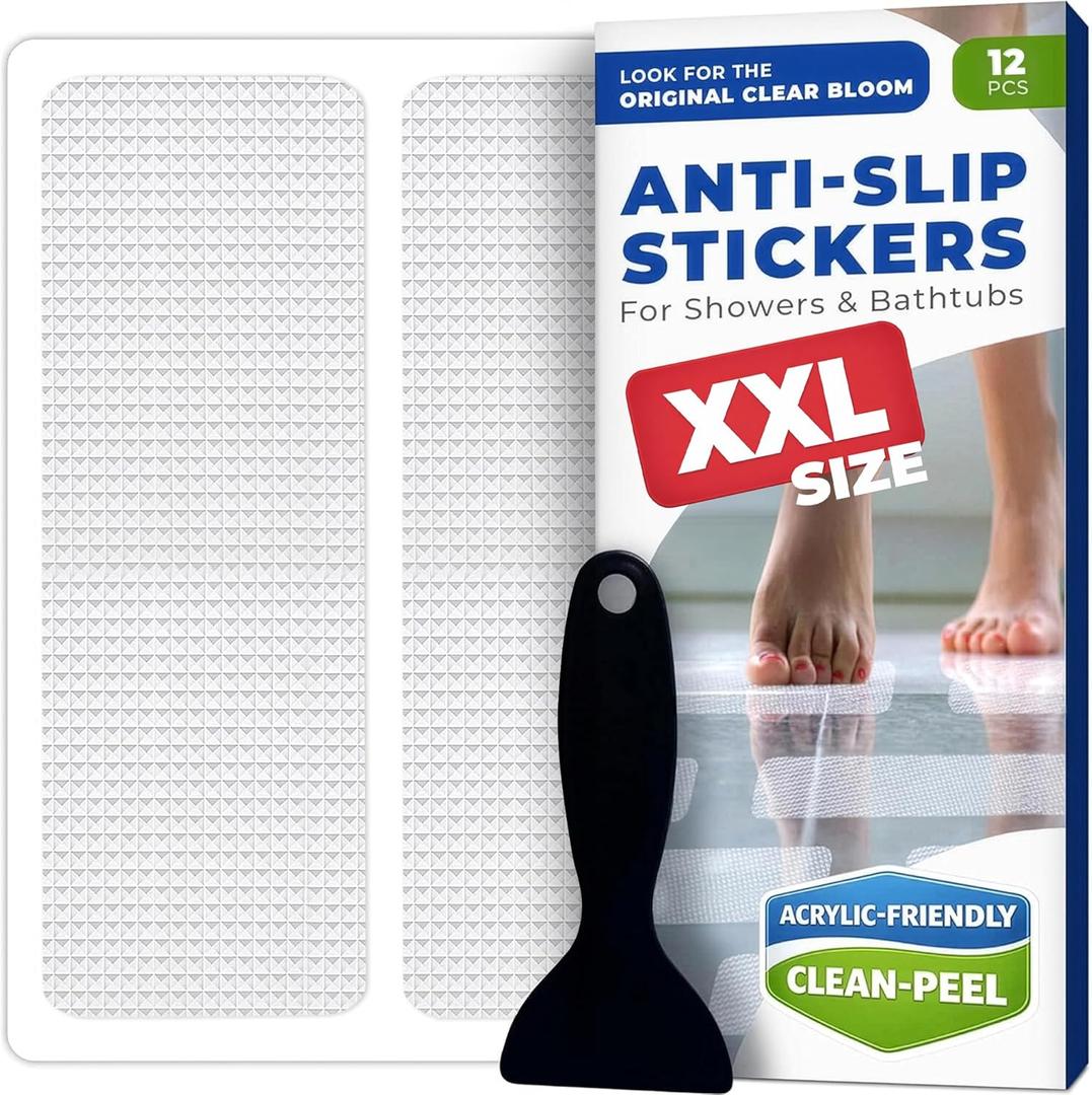 XXL Anti Slip Shower Stickers 12 PCS, Invisible Non-Slip Shower Strips for Adults, Premium Adhesive Bath Tub Stickers (Clear)