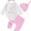 Gueuusu Newborn Girl Coming Home Outfit Isn't She Lovely Baby Romper Long Pants Hat Headband Cute Fall Clothes 0 3 6 12 18M (Pink, 12-18 Months) (White)
