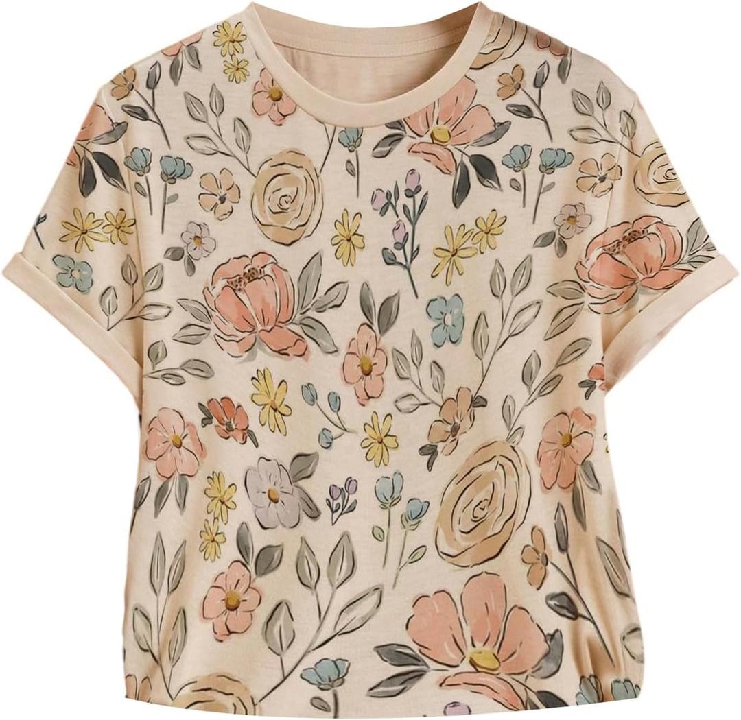 SweatyRocks Women's Floral T Shirts Summer Boho Crew Neck Short Graphic Tee Tops (S)