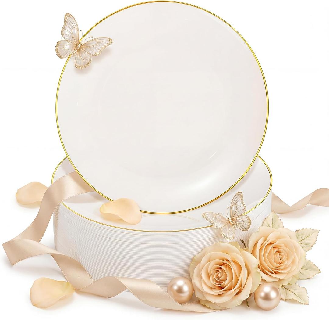 Nervure 100Pcs Ivory and Gold Plastic Plates - 10.25inch Disposable Ivory Dinner Plates - Heavy Duty Plastic Plate Ideal for Wedding & Party & Mothers Day