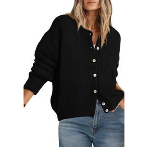 PRETTYGARDEN Long Sleeve Crewneck Button Down Women's Sweaters Spring Open Front Chunky Cardigan Sweaters for Women 2026 (Large, Black)