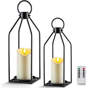 Homemory Modern Farmhouse Lantern Decor with Waterproof Flameless Candle & Remote Timer, 2PCS Black Metal Candle Lantern Decorative for Outdoor Indoor Home Living Room Patio Porch Table